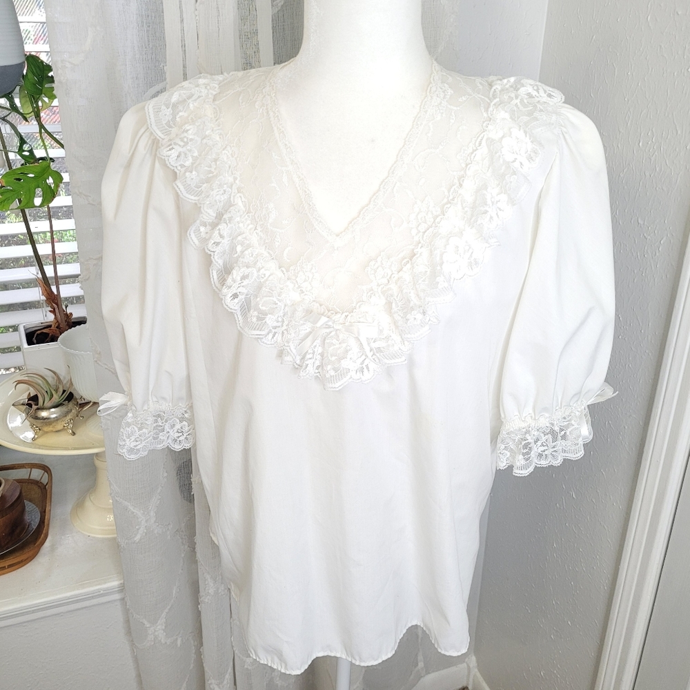Vintage lace boho ruffle white top cottage core prarie country nashville